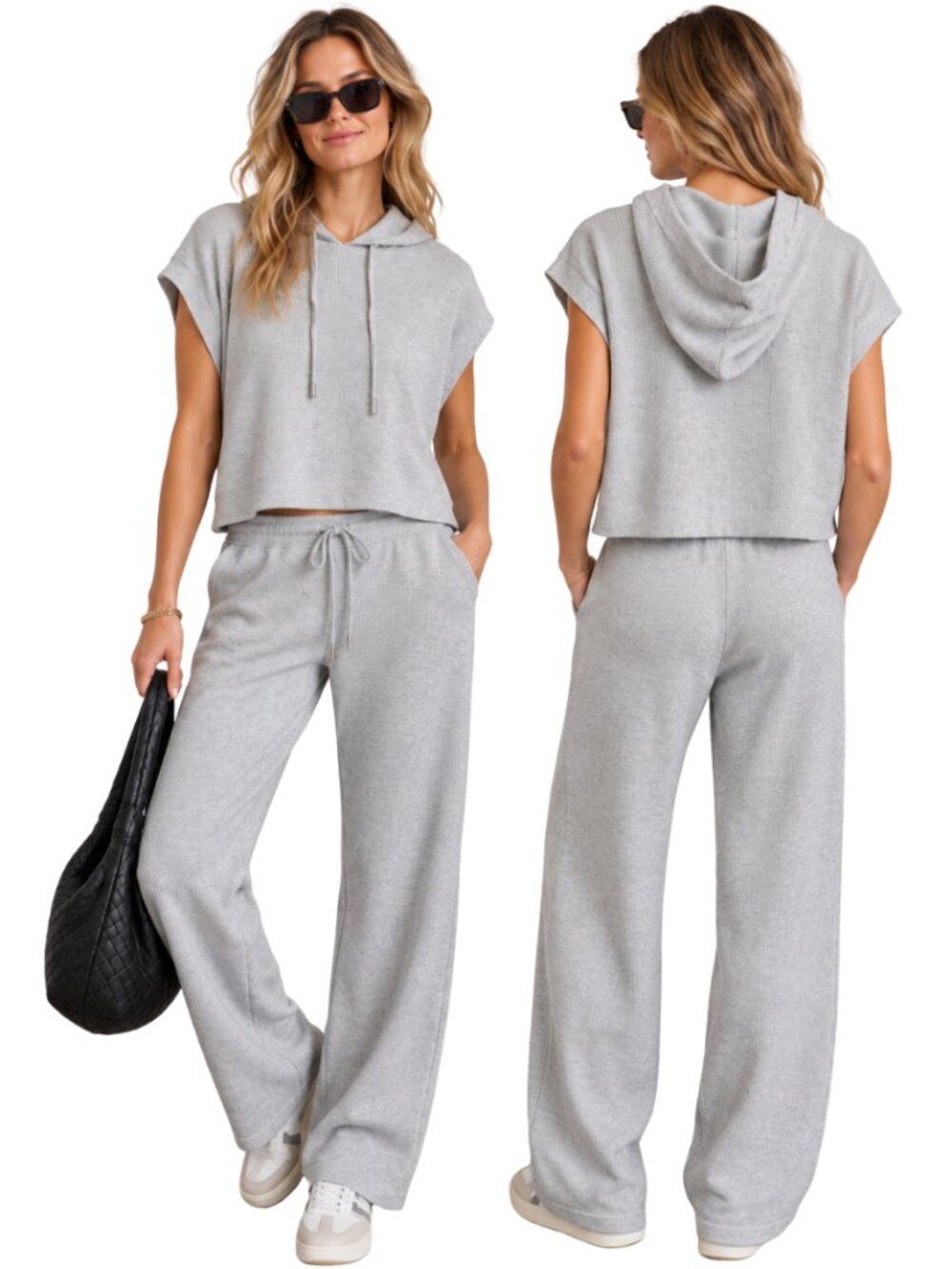 Cyrus Sleeveless Waffle Knit Hoodie Pullover Womens Medium Gray Loungewear Comfy